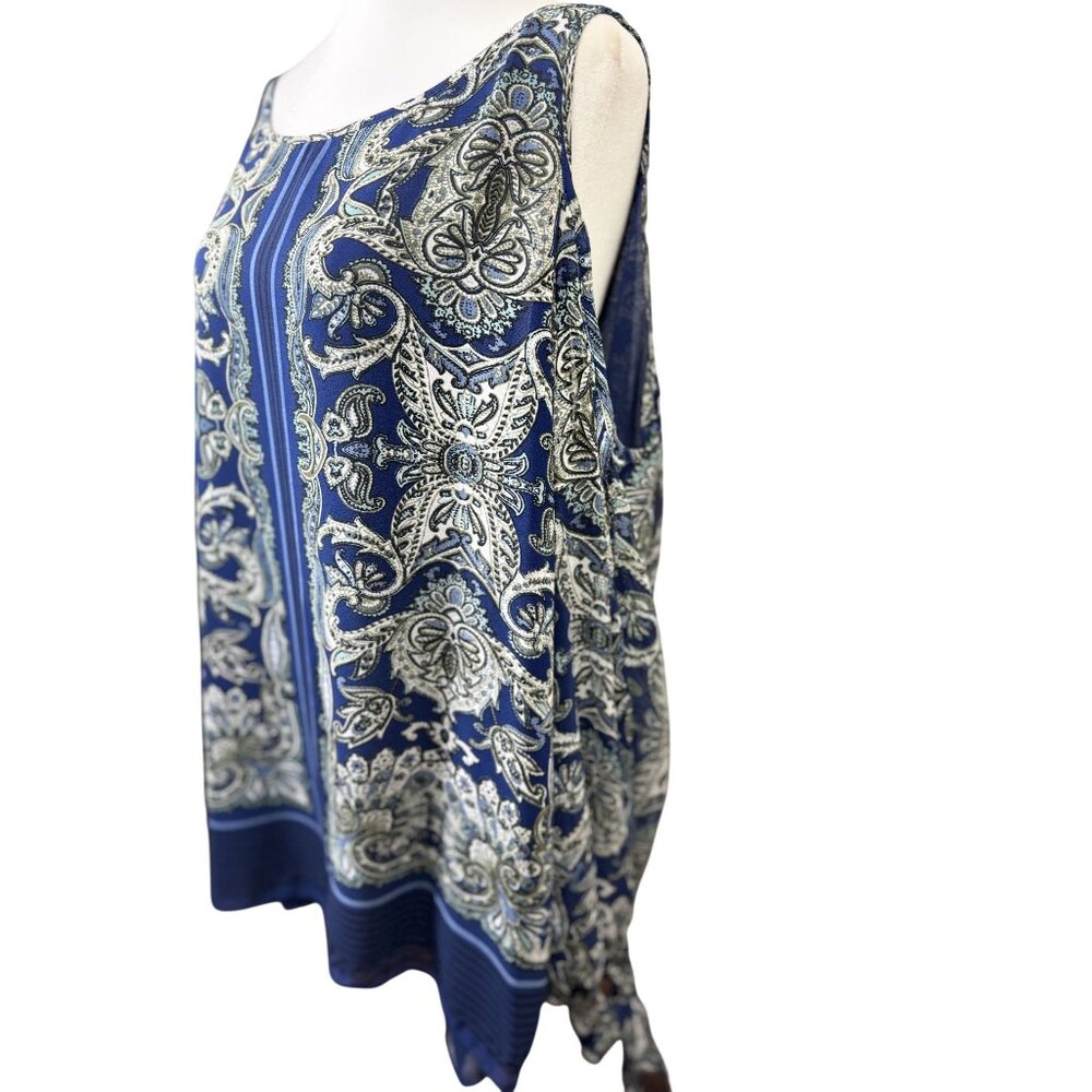 Max Studio Size 3 XL Womens Blouse Print Blue & White Paisley Cold Shoulder Top